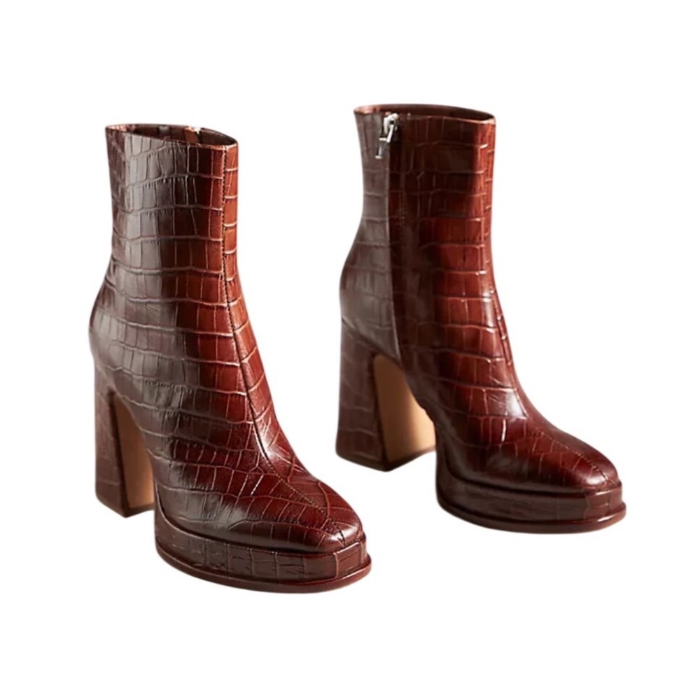 Bamboo Vintage Y2K Brown Croc Embossed Platform Ankle Boots Women's Size 9